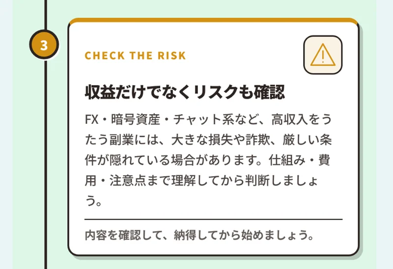 診断ページの注意書き。収益だけでなくリスクも確認、FX・暗号資産・チャット系など、高収入をうたう副業には、大きな損失や詐欺、厳しい条件が隠れている場合がありますと書かれている