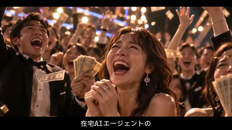 9月28日公開の告知動画。お札を手に歓声を上げる人たちの映像に「在宅AIエージェントの」という字幕が出ている