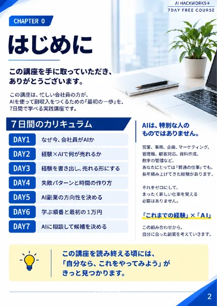 AI HACKWORKS+の7日間の無料講座テキストの目次。DAY1なぜ今、会社員がAIか、DAY2経験×AIで何が売れるか、DAY6学ぶ順番と最初の1万円、DAY7AIに相談して候補を決める、と並んでいる