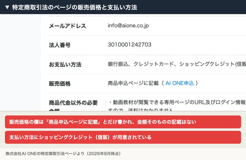 特定商取引法のページ。法人番号3010001242703、お支払い方法は銀行振込・クレジットカード・ショッピングクレジット（信販）、販売価格は商品申込ページに記載と書かれている