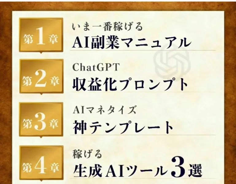 第1章から最終章まで6つの章タイトルが金色の枠で並ぶ広告の章立て。稼げるAI副業マニュアルや生成AIツール3選という見出しが読み取れる