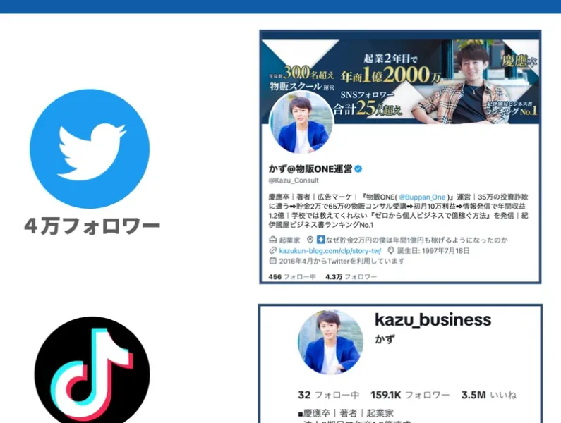 Xで4万フォロワー、TikTokで16万フォロワーというアイコンと、Xのプロフィール画面のスクリーンショットが並ぶ広告のSNS欄