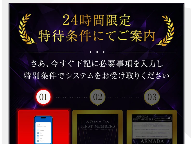 24時間限定 特待条件にてご案内という見出しと、フォーム入力・24時間限定特別条件専用ページへご案内・ページ内で利用開始お手続きという3ステップの図