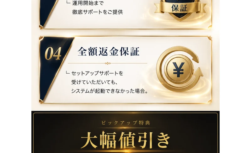 24時間限定スペシャル特典の一覧。04 全額返金保証の項目に「セットアップサポートを受けていただいても、システムが起動できなかった場合。」と条件が書かれている