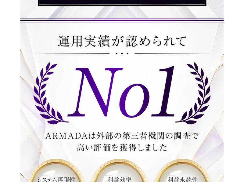 運用実績が認められてNo1という大きな見出しと、ARMADAは外部の第三者機関の調査で高い評価を獲得しましたという文、システム再現性No.1・利益効率No.1・利益永続性No.1の3つのバッジ