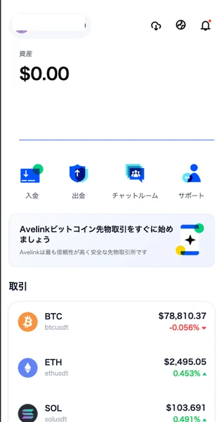 AveLinkのホーム画面。資産0.00ドルと表示され、入金・出金・チャットルーム・サポートのボタンが並び、Avelinkビットコイン先物取引をすぐに始めましょう、Avelinkは最も信頼性が高く安全な先物取引所ですと書かれている