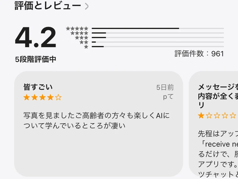 App StoreのBonChatの画面。961件の評価で4.2、年齢制限指定は16+と表示されている