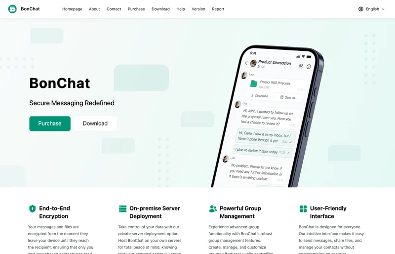 BonChatの公式サイト。Secure Messaging Redefined の下に特徴が英語だけで並んでいる
