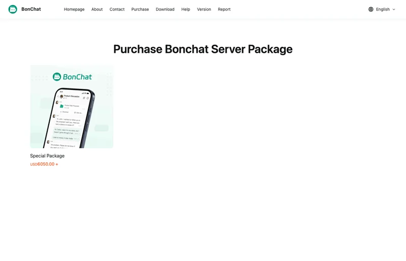 BonChatの購入ページ。Special Package が USD6050.00 と表示されている