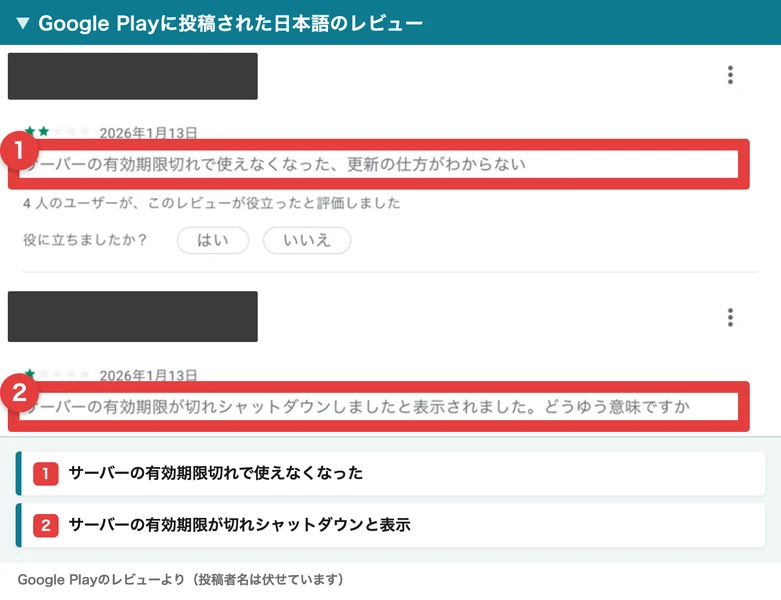 Google Playに投稿された日本語のレビュー2件。サーバーの有効期限切れで使えなくなった、サーバーの有効期限が切れシャットダウンしましたと表示された、と書かれている