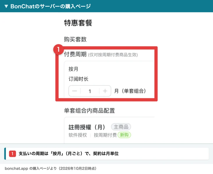 BonChatのサーバー購入ページ。付费周期の欄が按月（月ごと）で、注册授权（月）の契約になっている