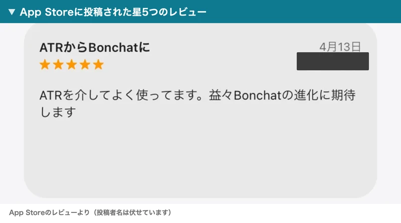 星5つのレビュー。題はATRからBonchatに。ATRを介してよく使ってます、と書かれている