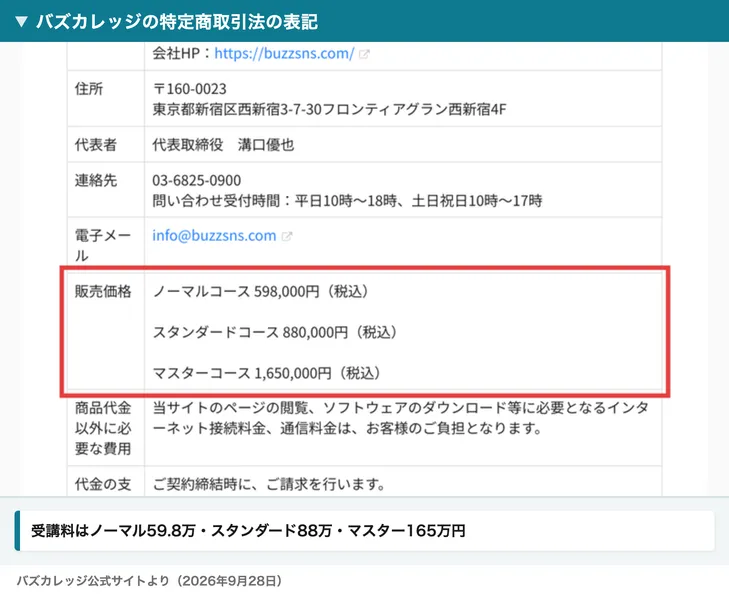 バズカレッジの特定商取引法に基づく表記で、販売価格としてノーマルコース598,000円、スタンダードコース880,000円、マスターコース1,650,000円(いずれも税込)が赤枠で囲まれている