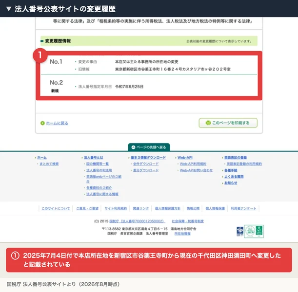 法人番号公表サイトの変更履歴。2025年7月4日付で本店所在地を新宿区市谷薬王寺町から現在の千代田区神田須田町へ変更したことと、法人番号指定年月日が2025年6月25日であることが記載されている