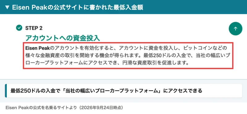 Eisen Peakの公式サイトのSTEP2。アカウントを有効化するとビットコインなどの取引を始められ、最低250ドルの入金で当社の幅広いブローカープラットフォームにアクセスできる、と書かれている
