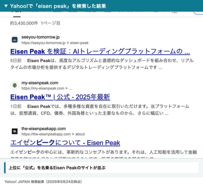 Yahoo!でeisen peakを検索した結果。検証サイトの下に、my-eisenpeak.comやthe-eisenpeakapp.comなど、Eisen Peakの公式を名乗るサイトが並んでいる