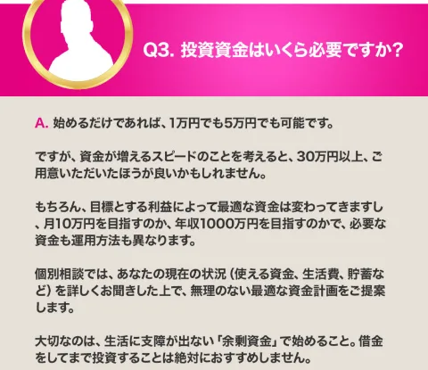 Q3投資資金はいくら必要ですか？という質問に、始めるだけであれば1万円や5万円から可能です、ですが資金が増えるスピードのことを考えると30万円以上ご用意いただいたほうが良いかもしれませんと答えている募集ページの一部