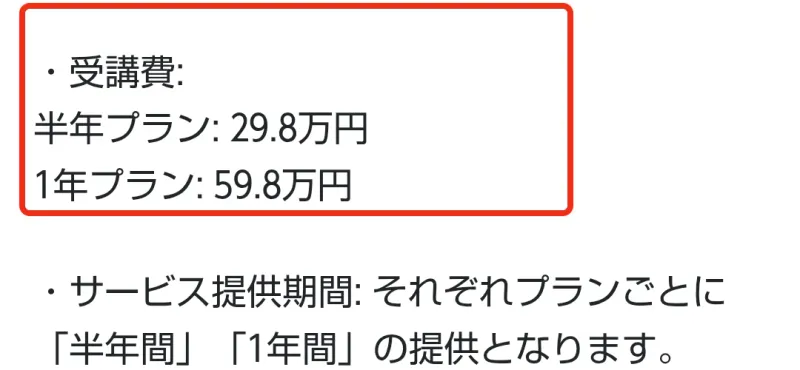 半年29.8万円、1年59.8万円と書かれた販売条件
