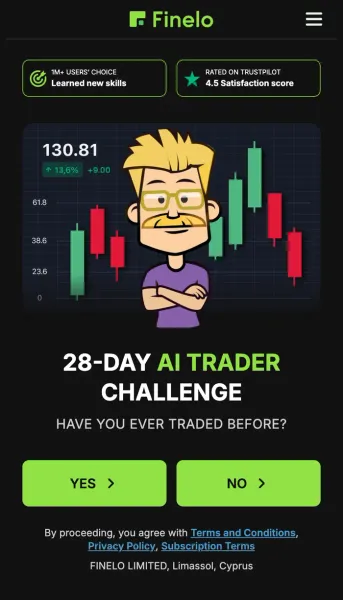 Fineloの診断ページの最初の画面。1M+ USERS' CHOICE、TRUSTPILOTで4.5という表示の下に28-DAY AI TRADER CHALLENGEと大きく書かれ、HAVE YOU EVER TRADED BEFORE?という質問にYESとNOのボタンが並んでいる