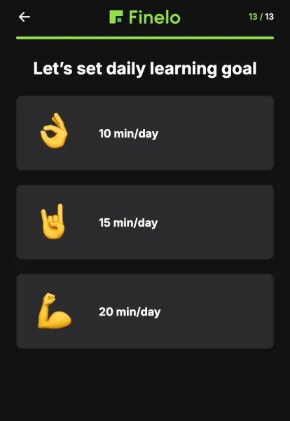 Fineloの診断の13問目。Let's set daily learning goalという見出しの下に、10 min/day、15 min/day、20 min/dayの3つの選択肢が並んでいる