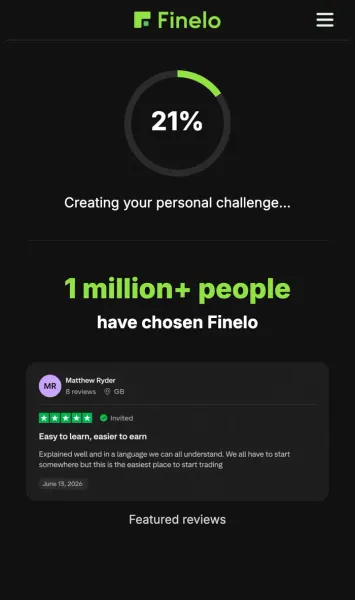 Fineloの診断後に表示される読み込み画面。Creating your personal challenge...という文字と進捗のパーセント表示があり、1 million+ peopleが選んだという表示が並んでいる