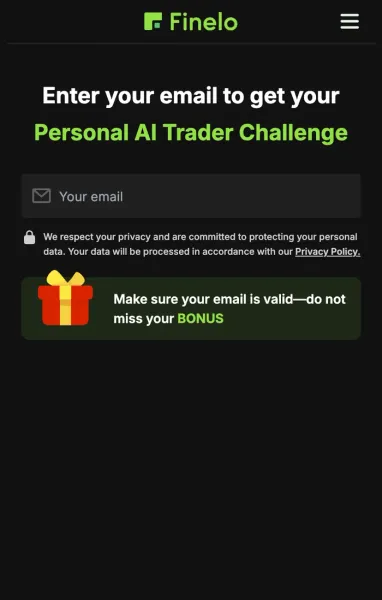 Fineloの診断後に表示されるメールアドレスの入力画面。Enter your email to get your Personal AI Trader Challengeと書かれ、BONUSを逃さないよう有効なメールアドレスを入力するよう促している
