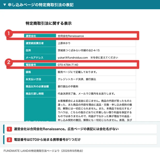 特定商取引法に関する表示という見出しの表。運営会社の行に赤枠がついて合同会社Renaissance、運営統括責任者は上原ゆかり、住所は茨城県つくばみらい市絹の台2-4-15、電話番号の行にも赤枠がついて070-4784-7140と書かれている