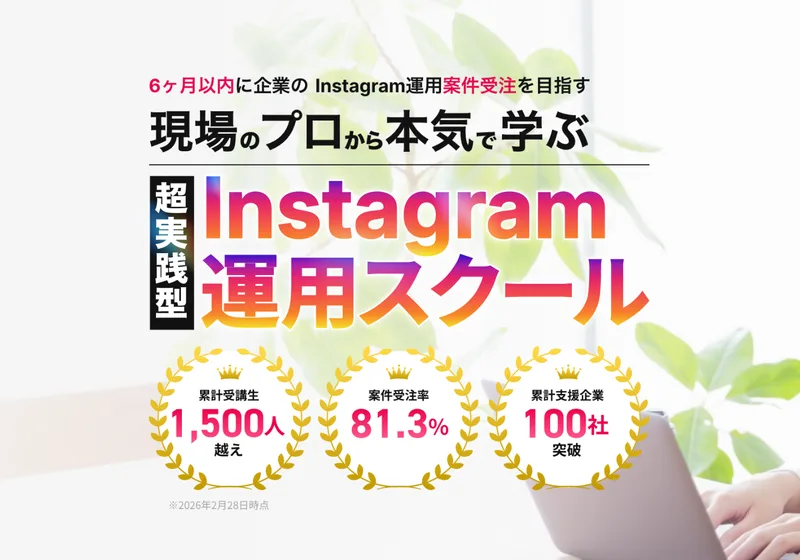 GramHackの公式サイト最上部。「6ヶ月以内に企業のInstagram運用の依頼を受けることを目指す」という文と、累計受講生1,500人越え、受注率81.3%、累計支援企業100社突破という3つの数字が並んでいる。※2026年2月28日時点と注記がある