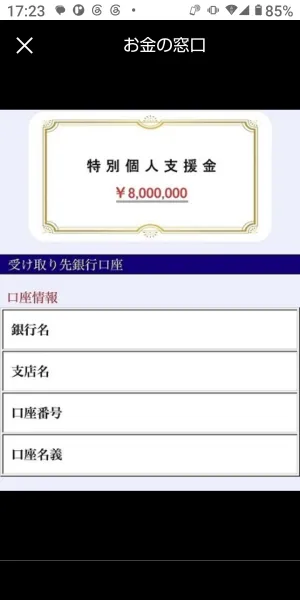 お金の窓口から届いた特別個人支援金800万円の画像。銀行口座情報の空欄が描かれている