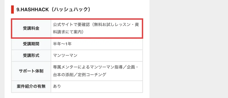 比較記事のHASHHACKの紹介。受講料金は公式サイトで要確認と書かれた行に赤枠、受講期間は半年から1年、マンツーマン、仕事の紹介ありと並んでいる