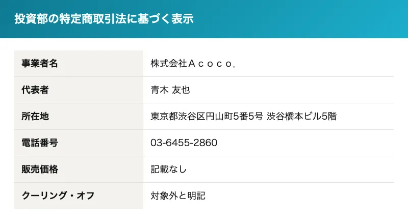 林則行の投資部の特定商取引法に基づく表示。事業者名株式会社Acoco.、代表者青木友也、所在地東京都渋谷区円山町、電話番号03-6455-2860、販売価格の欄は空欄、クーリング・オフは対象外という表