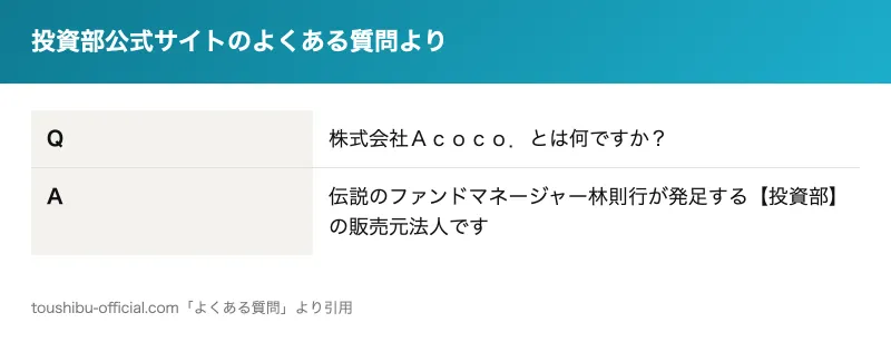 投資部公式サイトのよくある質問のうち「株式会社Acoco.とは何ですか」への回答部分を示した図
