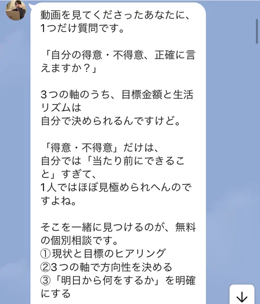 LINEの個別相談の案内。自分の得意・不得意を1人で見極めるのは難しいので一緒に見つけるのが無料の個別相談ですとあり、その下に現状と目標のヒアリング、3つの軸で方向性を決める、明日から何をするかを明確にするの3つが並んでいる
