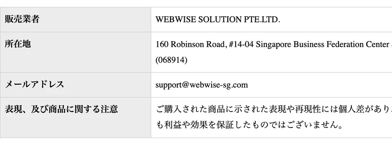 特定商取引法に関する表記のページ。販売業者はシンガポールの法人名で、所在地もシンガポールの住所、連絡先はメールアドレスのみが記載されている