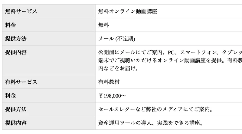 サービス案内のページ。無料サービスは無料オンライン動画講座で料金は無料、有料サービスは有料教材で料金は￥198,000〜、提供内容は資産運用ツールの導入、実践をできる講座と記載されている