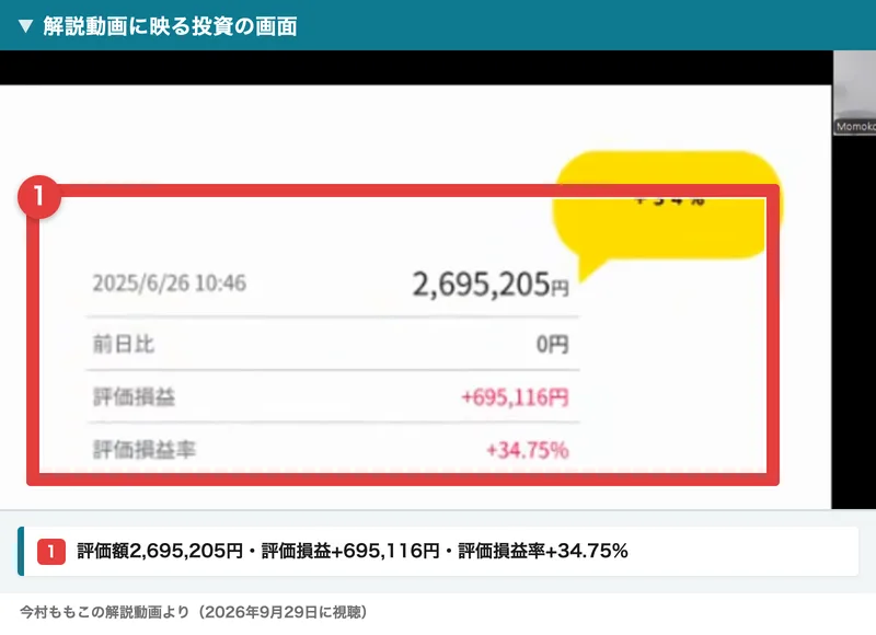 100万ポイ活投資の解説動画に映る投資の画面。2025年6月26日の評価額2,695,205円、評価損益+695,116円、評価損益率+34.75%と表示されている