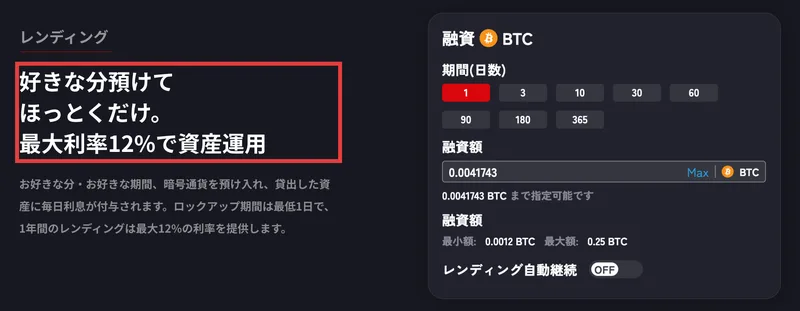 IZAKA-YA公式サイトのレンディング説明。「好きな分預けて ほっとくだけ。最大利率12%で資産運用」と大きく書かれ、ロックアップ期間は最低1日と説明されている