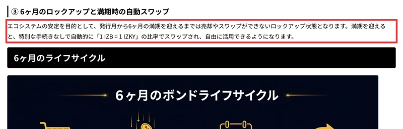 IZAKA-YAのIZBの告知。発行月から6ヶ月の満期を迎えるまでは売却やスワップができないロックアップ状態となり、満期で1IZB＝1IZKYへ自動スワップされると書かれている
