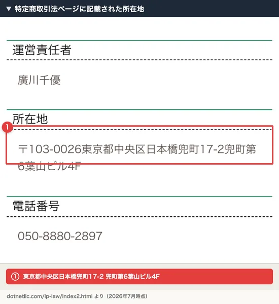 特定商取引法に基づく表示ページ。運営責任者は廣川千優、所在地は東京都中央区日本橋兜町の住所が記載されている