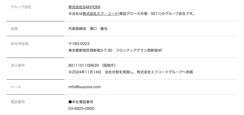 グループ会社は株式会社SAKIYOMI、当社は株式会社エフ・コード（東証グロース市場9211）のグループ会社です、役員は代表取締役溝口優也、本社所在地は東京都新宿区西新宿、法人番号8011101109639と記載された株式会社BUZZの会社概要