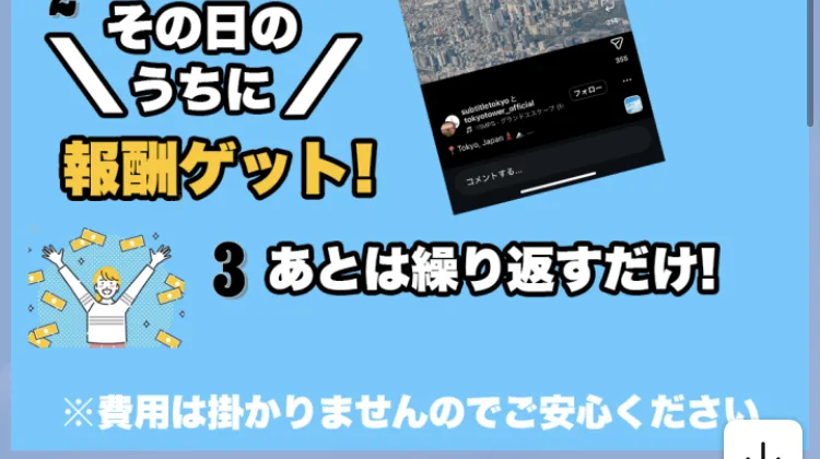 2その日のうちに報酬ゲット、3あとは繰り返すだけという文字と、その下に※費用は掛かりませんのでご安心くださいと書かれているLINEの画像