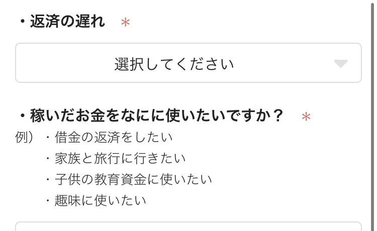 返済の遅れという必須の選択欄と、稼いだお金をなにに使いたいですかという質問の記入例の先頭に借金の返済をしたいと書かれている受取登録のフォーム