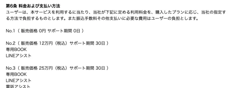 第6条 料金および支払い方法という見出しの下に、No.1 販売価格0円 サポート期間0日、No.2 販売価格12万円（税込）サポート期間30日、No.3 販売価格25万円（税込）サポート期間30日と並んでいる利用規約のページ