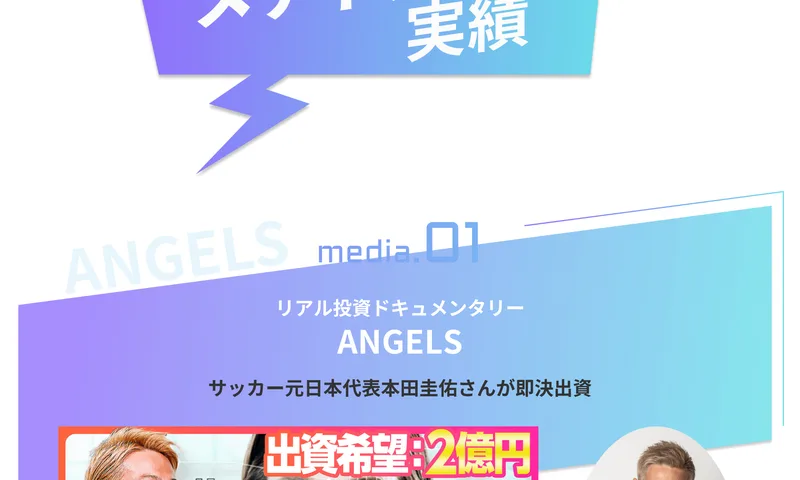 メディア実績として、リアル投資ドキュメンタリーANGELS、サッカー元日本代表本田圭佑さんが即決出資、出資希望2億円と書かれたAI CAMPの広告