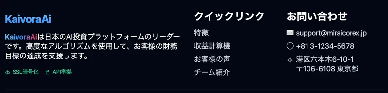 KaivoraAiのフッター。問い合わせ先としてsupport@miraicorex.jp、+81 3-1234-5678、港区六本木6-10-1が並び、特定商取引法・プライバシーポリシー・利用規約・リスク警告のリンクが表示されている