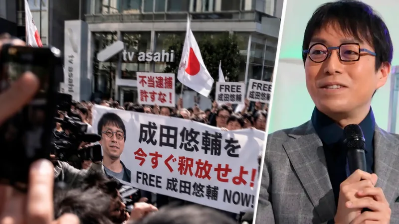 テレビ朝日の社屋前に群衆が集まり、成田悠輔を今すぐ釈放せよ、FREE 成田悠輔 NOWと書かれた横断幕が並ぶ画像。右側に成田悠輔さんの写真が置かれている