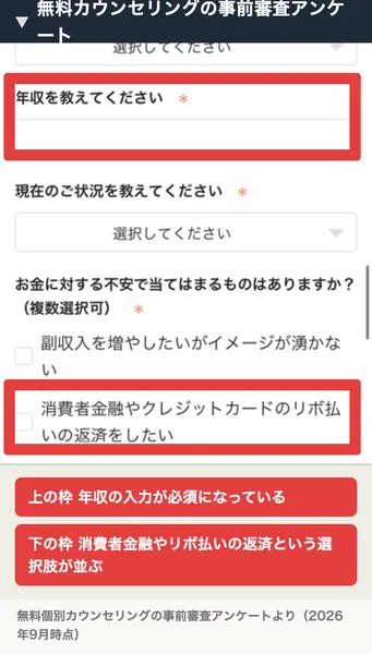 現在の職種・年収・現在のご状況という設問が並び、お金に対する不安の選択肢として「副収入を増やしたいがイメージが湧かない」「消費者金融やクレジットカードのリボ払いの返済をしたい」が表示されているフォーム