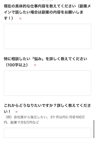 現在の具体的な仕事内容と、特に相談したい「悩み」を100字以上で書かせる設問が並び、これからどうなりたいかの記入例に「3ケ月以内に月収100万円」と書かれたフォーム