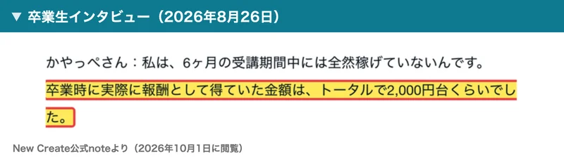 New Createの公式noteのインタビュー。かやっぺさんが、私は6ヶ月の受講期間中には全然稼げていないんです、卒業時に実際に報酬として得ていた金額はトータルで2,000円台くらいでしたと話している部分