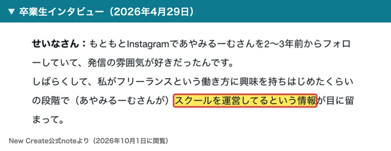 New Createの公式noteのインタビュー。もともとInstagramであやみるーむさんを2〜3年前からフォローしていて、フリーランスに興味を持ちはじめた段階で、あやみるーむさんがスクールを運営しているという情報が目に留まったと書かれている部分